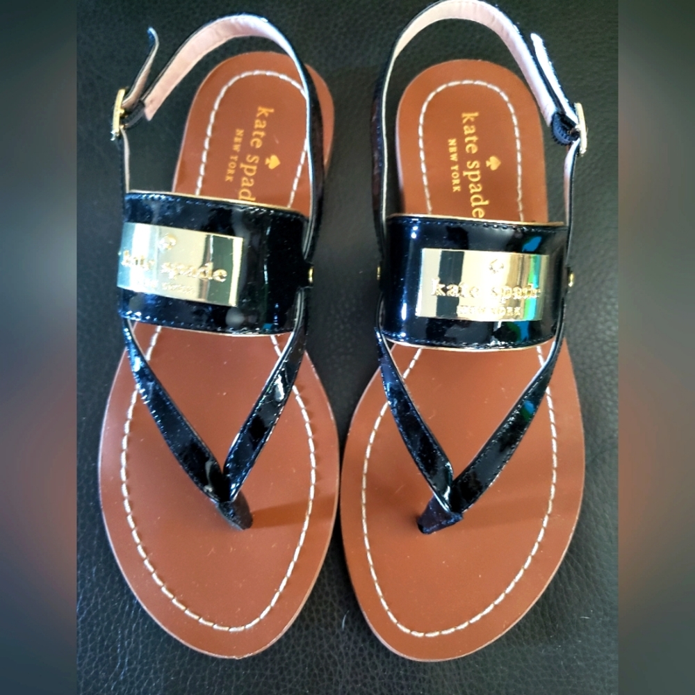 Kate Spade Cassandra Black Patent Flat Sandals with Gold Hardware Ankle Strap 6